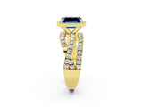 Yellow gold Emerald Cut Blue Sapphire Halo Ring with Round Split Shank and Prong Setting_50