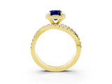 Yellow gold Emerald Cut Blue Sapphire Halo Ring with Round Split Shank and Prong Setting_51