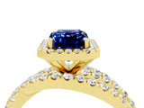 Yellow gold Emerald Cut Blue Sapphire Halo Ring with Round Split Shank and Prong Setting_52