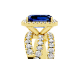 Yellow gold Emerald Cut Blue Sapphire Halo Ring with Round Split Shank and Prong Setting_53