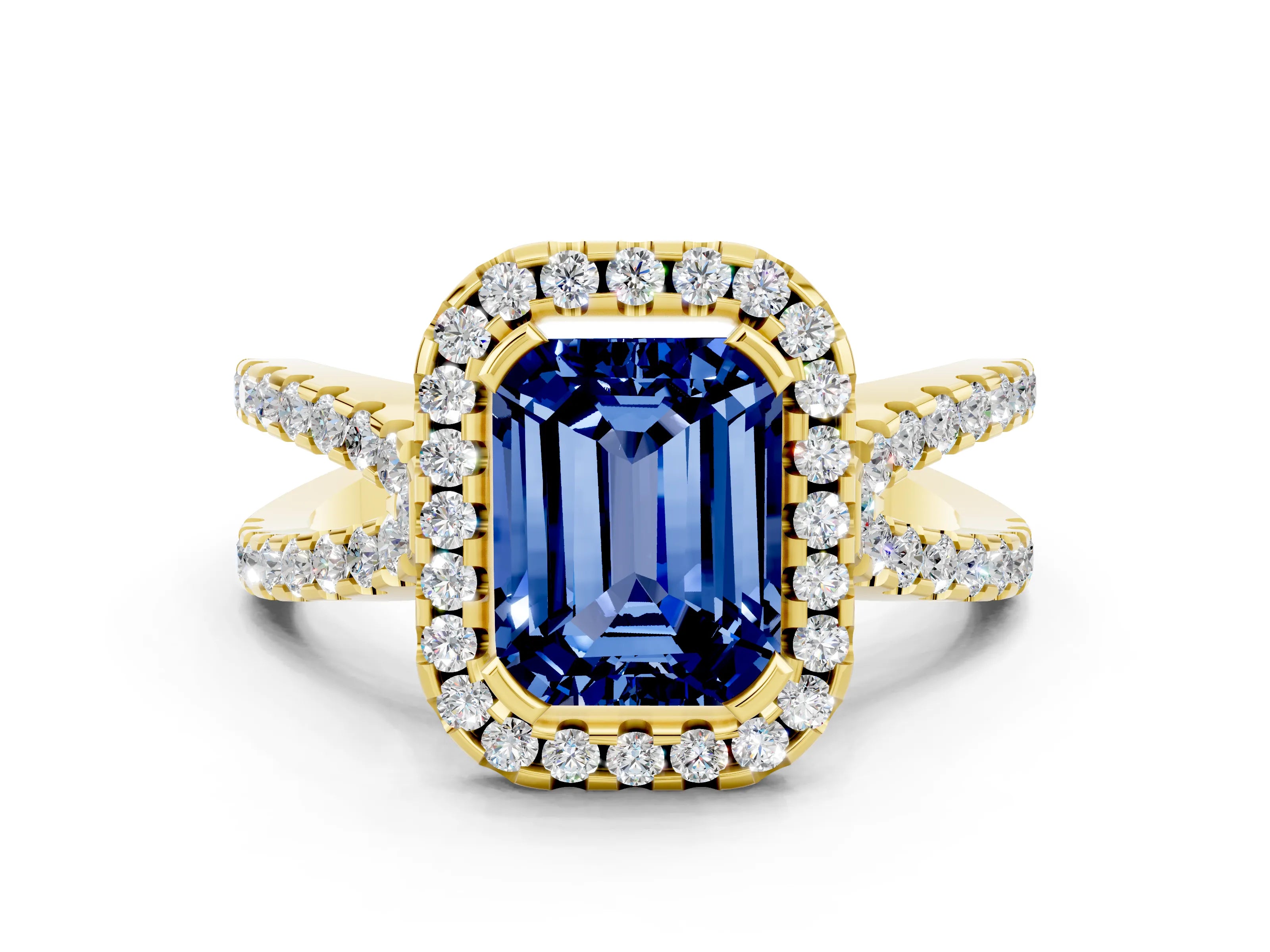 Yellow gold Emerald Cut Blue Sapphire Halo Ring with Split Shank Pavé Band and Prong Setting