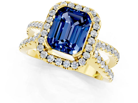 Yellow gold Emerald Cut Blue Sapphire Halo Ring with Split Shank Pavé Band and Prong Setting_1