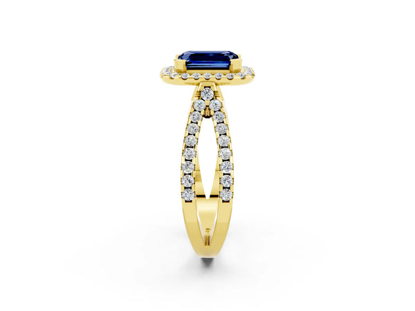 Yellow gold Emerald Cut Blue Sapphire Halo Ring with Split Shank Pavé Band and Prong Setting