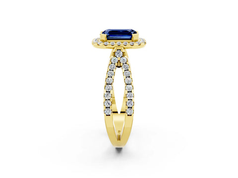 Yellow gold Emerald Cut Blue Sapphire Halo Ring with Split Shank Pavé Band and Prong Setting_2