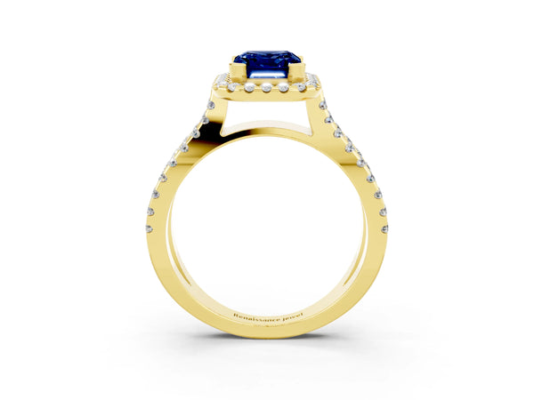 Yellow gold Emerald Cut Blue Sapphire Halo Ring with Split Shank Pavé Band and Prong Setting