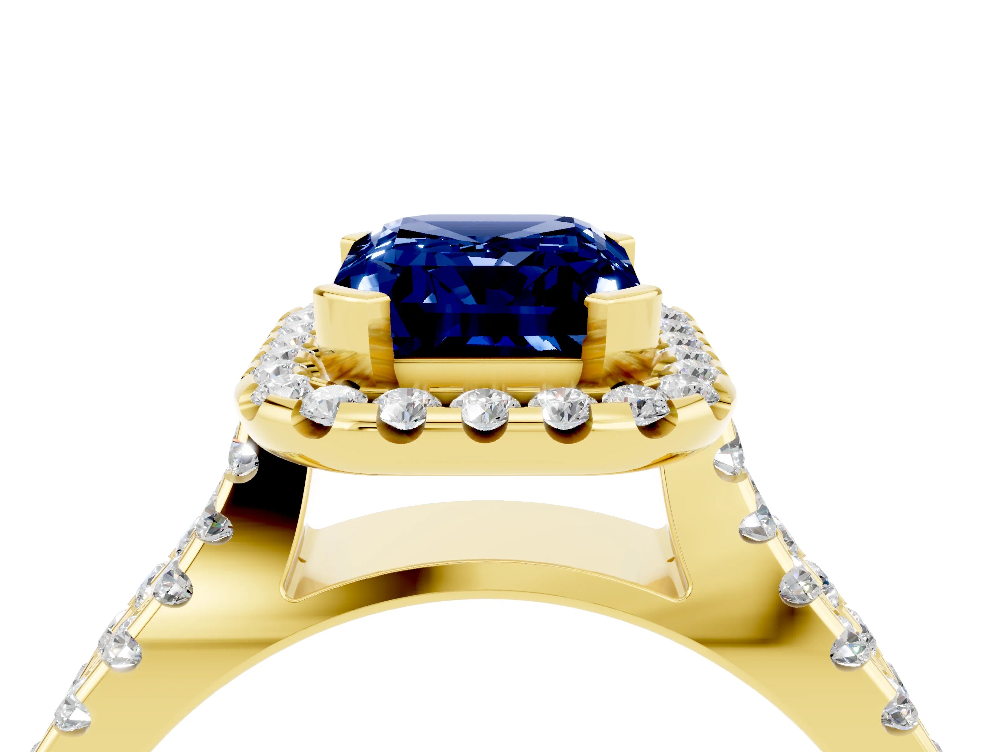 Yellow gold Emerald Cut Blue Sapphire Halo Ring with Split Shank Pavé Band and Prong Setting_4