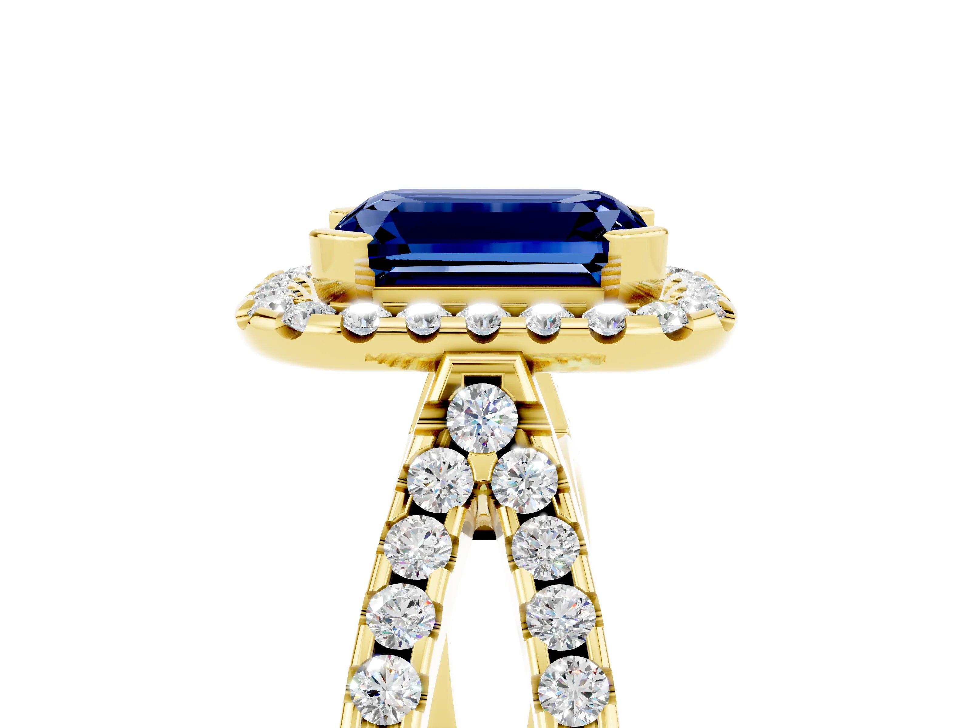 Yellow gold Emerald Cut Blue Sapphire Halo Ring with Split Shank Pavé Band and Prong Setting_5