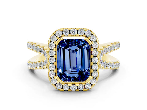 Yellow gold Emerald Cut Blue Sapphire Halo Ring with Split Shank Pavé Band and Prong Setting