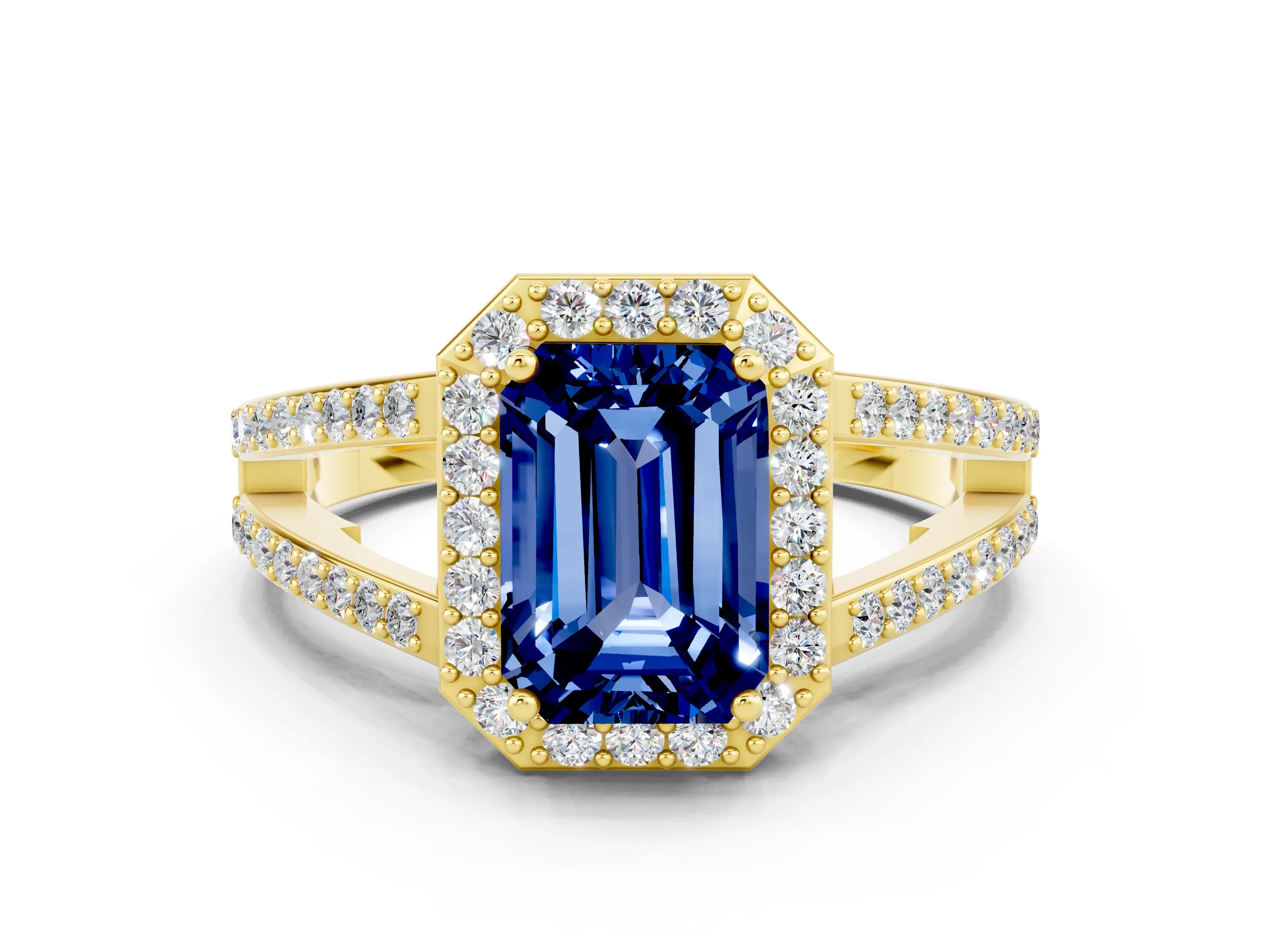 Yellow gold Emerald Cut Blue Sapphire Halo Ring with Split Shank U-Prong Band and Four-Prong Setting
