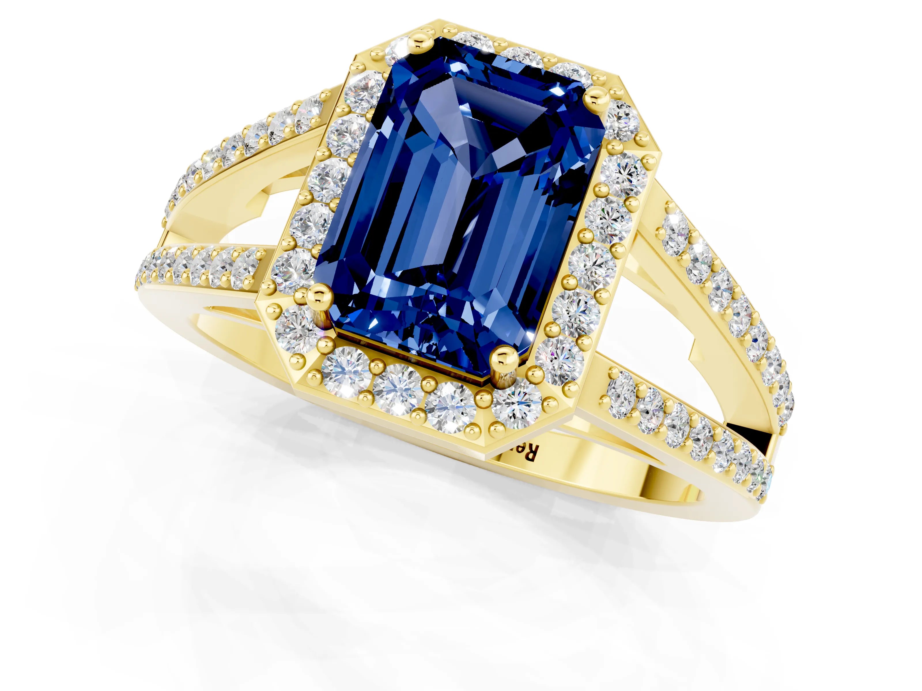 Yellow gold Emerald Cut Blue Sapphire Halo Ring with Split Shank U-Prong Band and Four-Prong Setting_1