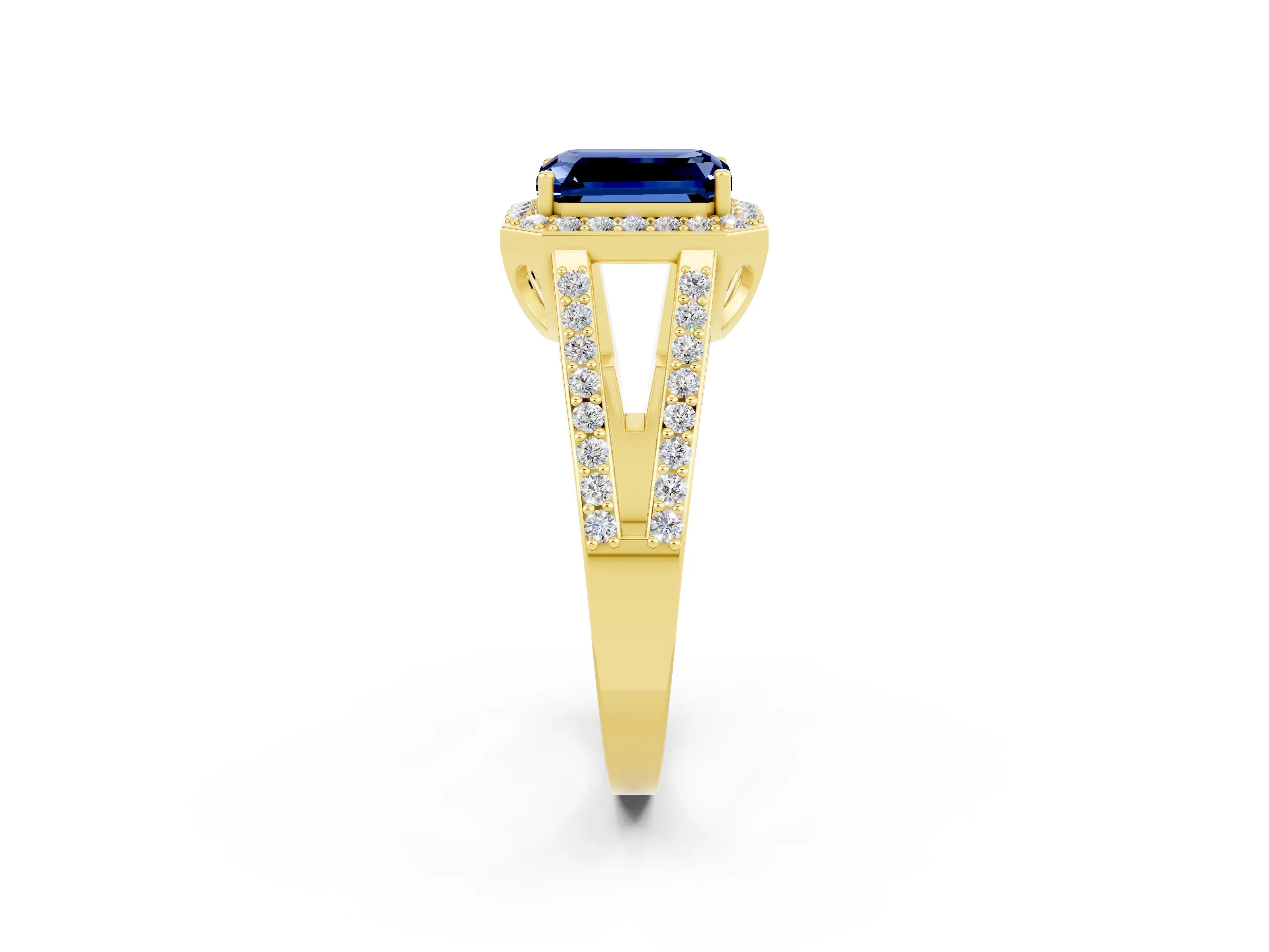 Yellow gold Emerald Cut Blue Sapphire Halo Ring with Split Shank U-Prong Band and Four-Prong Setting_2
