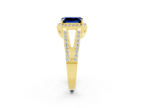 Yellow gold Emerald Cut Blue Sapphire Halo Ring with Split Shank U-Prong Band and Four-Prong Setting