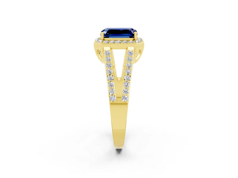 Yellow gold Emerald Cut Blue Sapphire Halo Ring with Split Shank U-Prong Band and Four-Prong Setting_2