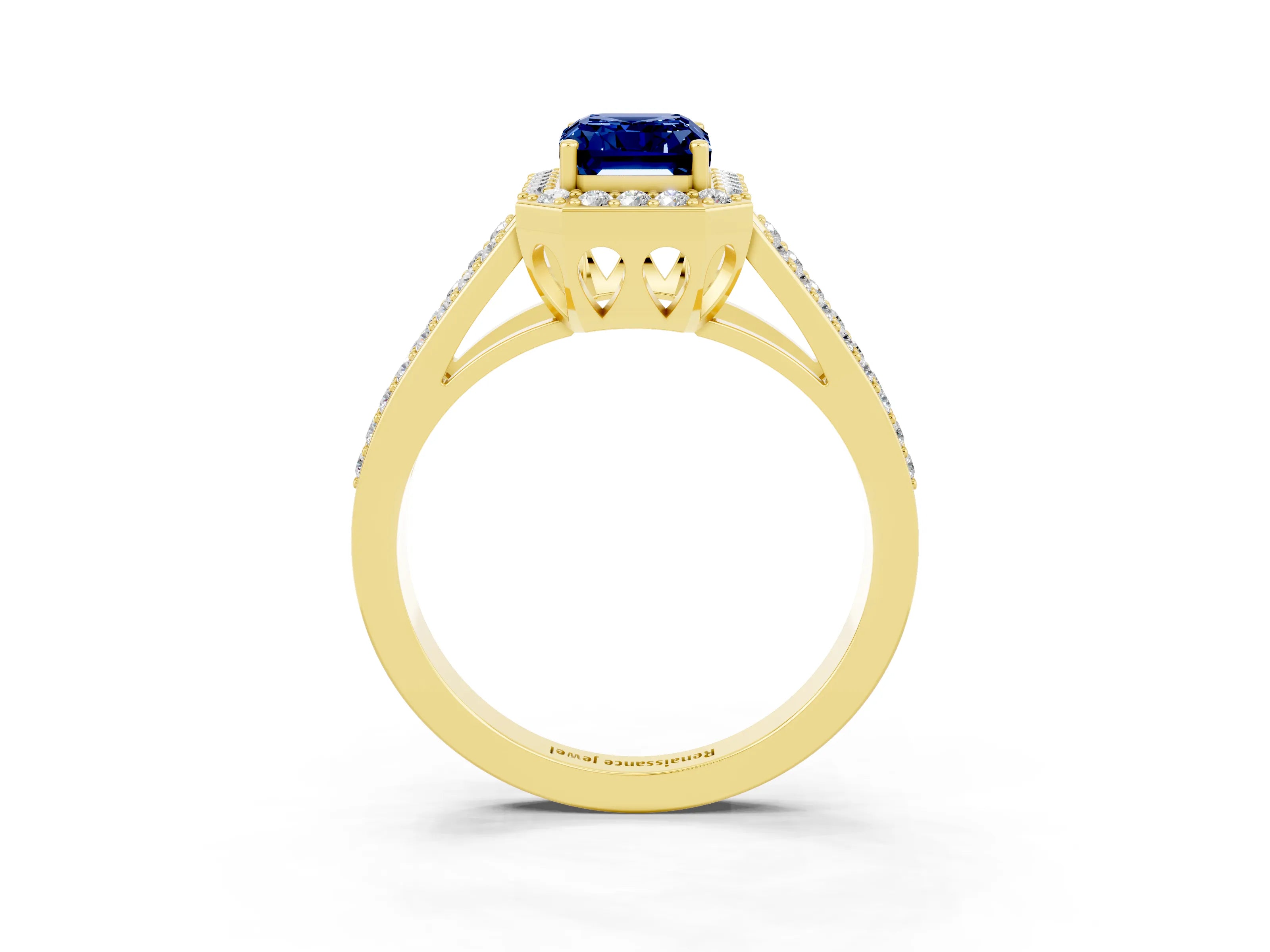 Yellow gold Emerald Cut Blue Sapphire Halo Ring with Split Shank U-Prong Band and Four-Prong Setting_3