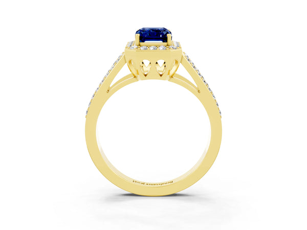 Yellow gold Emerald Cut Blue Sapphire Halo Ring with Split Shank U-Prong Band and Four-Prong Setting
