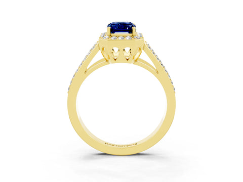 Yellow gold Emerald Cut Blue Sapphire Halo Ring with Split Shank U-Prong Band and Four-Prong Setting_3