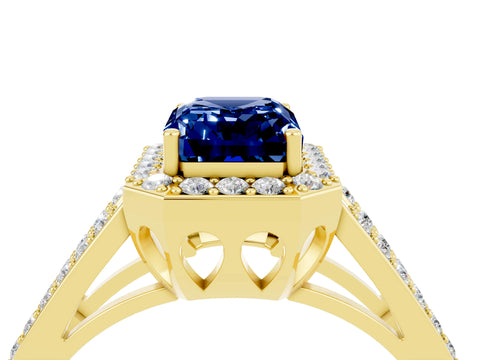Yellow gold Emerald Cut Blue Sapphire Halo Ring with Split Shank U-Prong Band and Four-Prong Setting_4