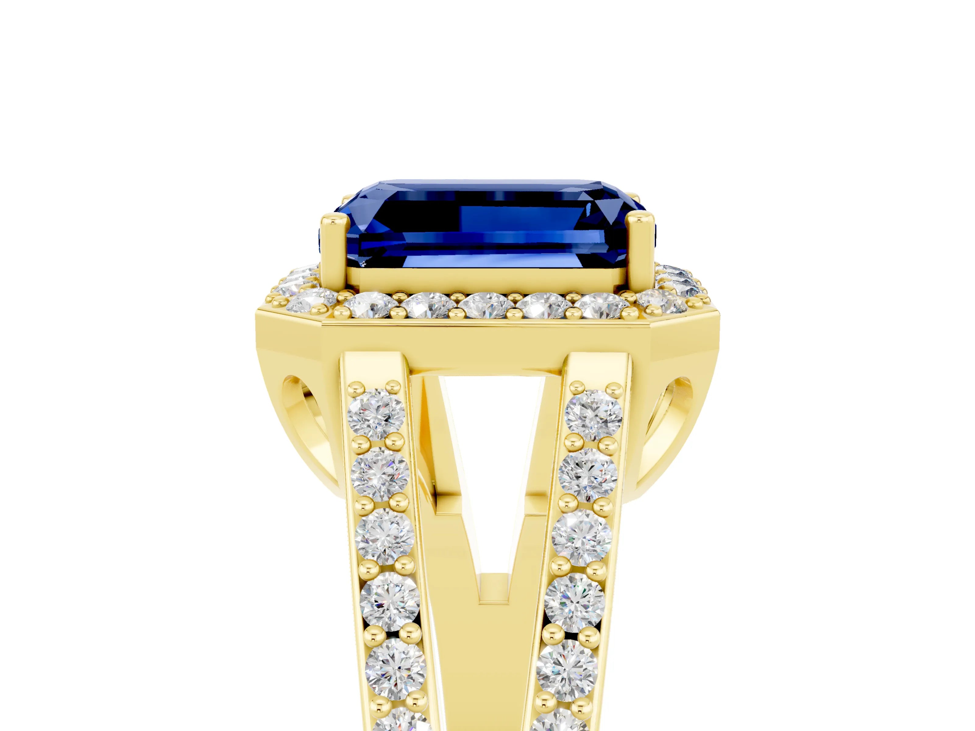Yellow gold Emerald Cut Blue Sapphire Halo Ring with Split Shank U-Prong Band and Four-Prong Setting_5