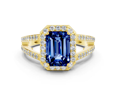 Yellow gold Emerald Cut Blue Sapphire Halo Ring with Split Shank U-Prong Band and Four-Prong Setting