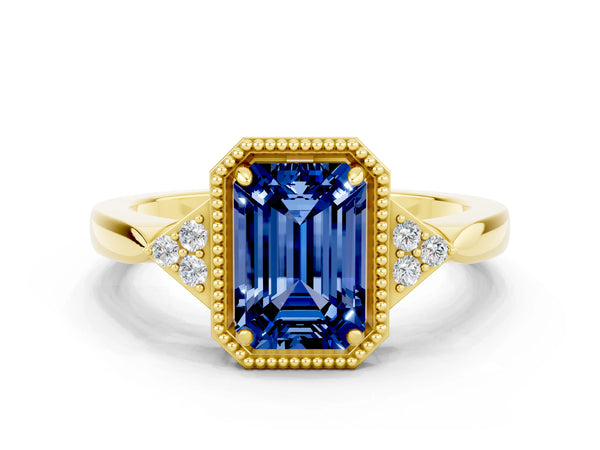Yellow gold Emerald Cut Blue Sapphire Halo Ring with Tapered Band and Four-Prong Setting