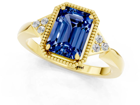 Yellow gold Emerald Cut Blue Sapphire Halo Ring with Tapered Band and Four-Prong Setting_1