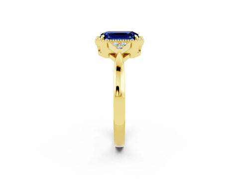 Yellow gold Emerald Cut Blue Sapphire Halo Ring with Tapered Band and Four-Prong Setting_2