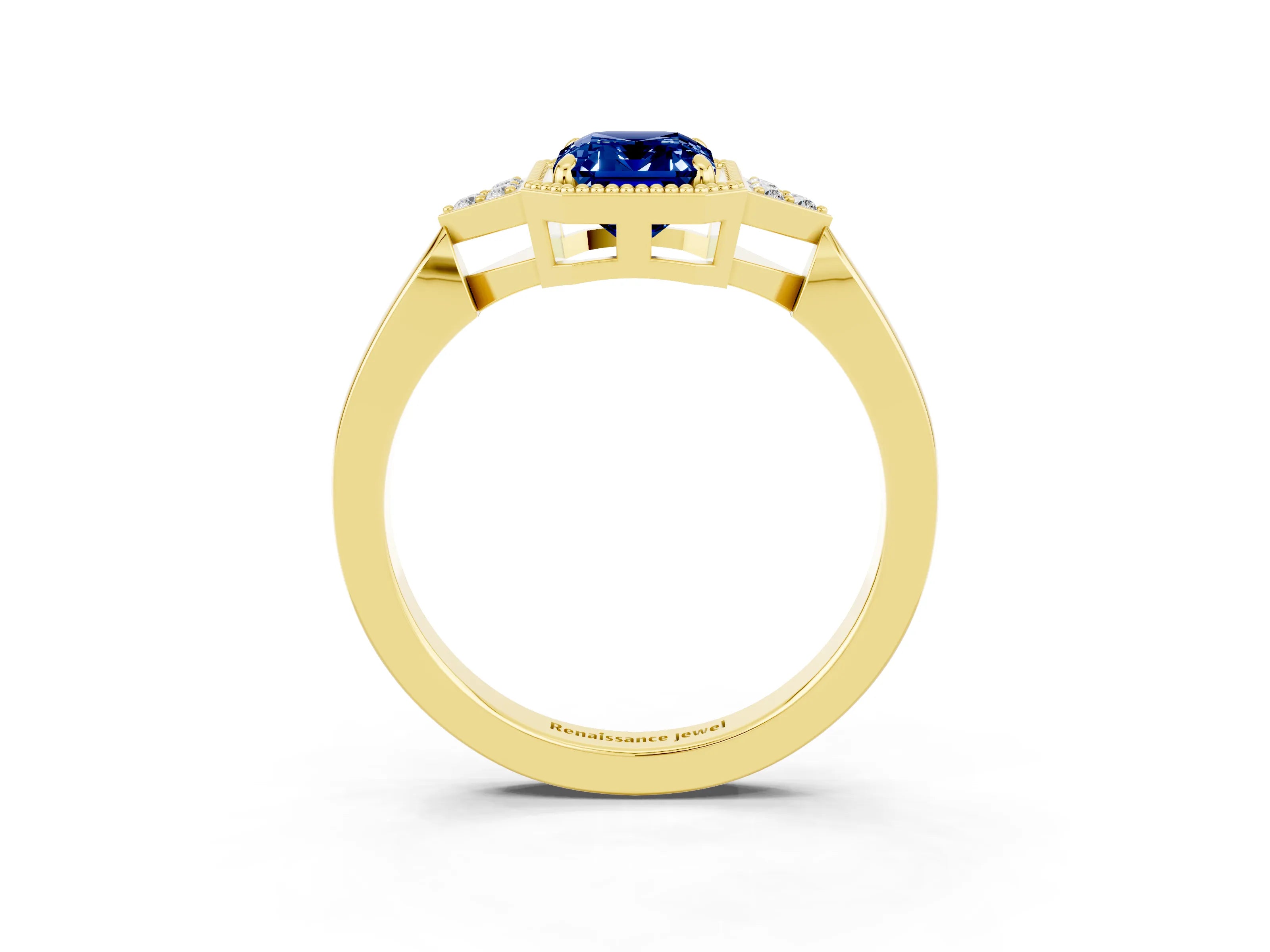 Yellow gold Emerald Cut Blue Sapphire Halo Ring with Tapered Band and Four-Prong Setting_3