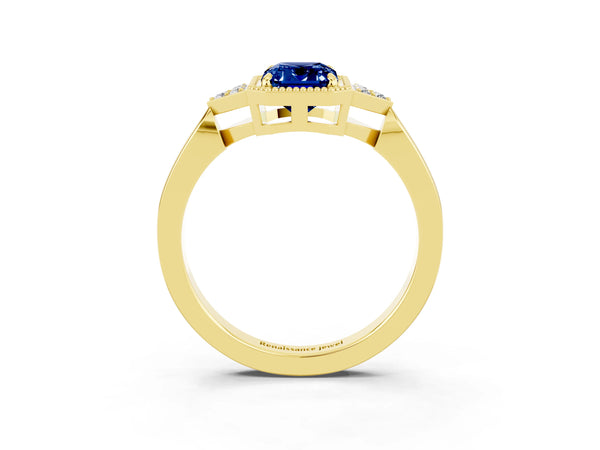Yellow gold Emerald Cut Blue Sapphire Halo Ring with Tapered Band and Four-Prong Setting