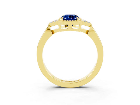 Yellow gold Emerald Cut Blue Sapphire Halo Ring with Tapered Band and Four-Prong Setting_3