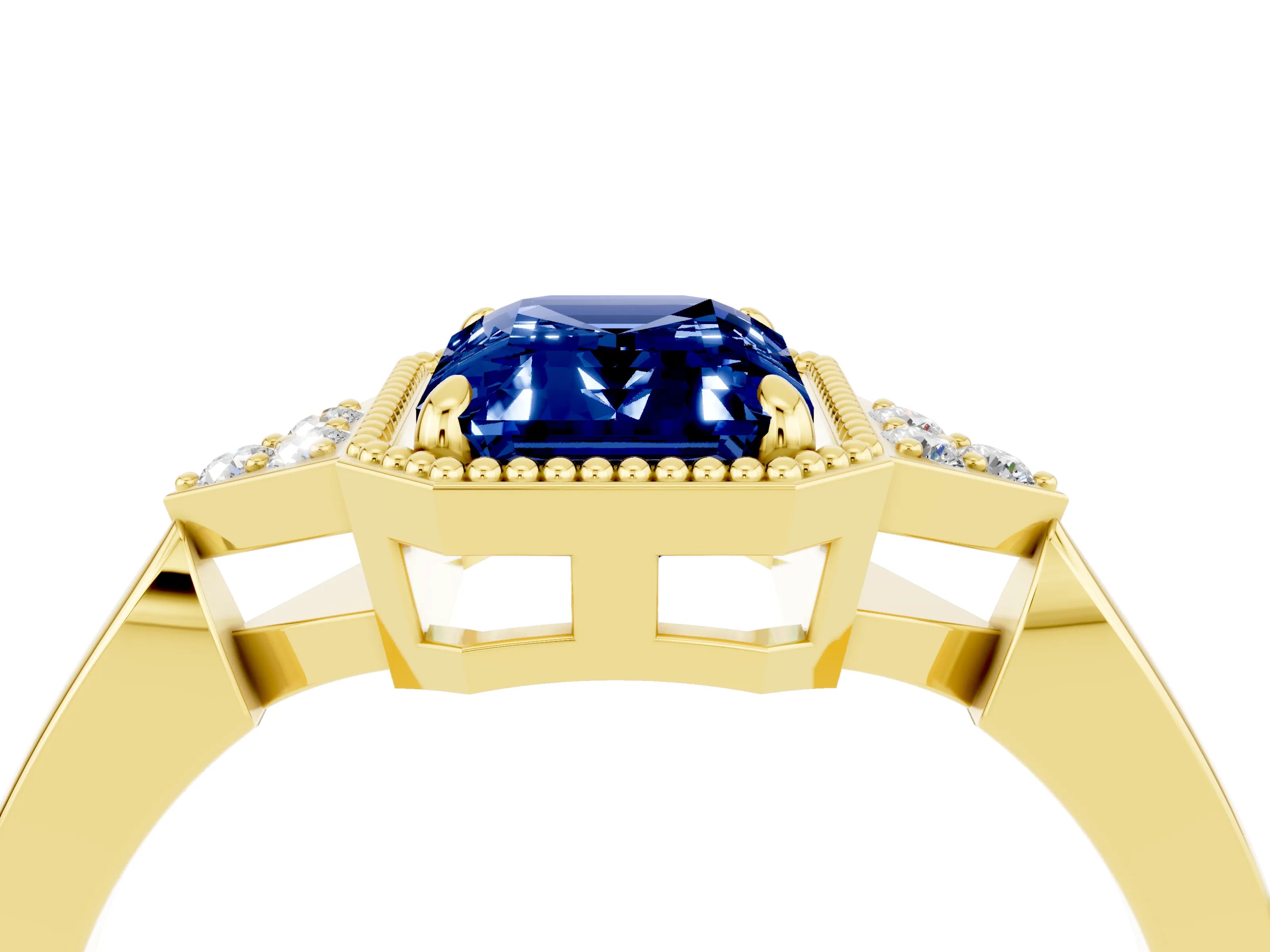 Yellow gold Emerald Cut Blue Sapphire Halo Ring with Tapered Band and Four-Prong Setting_4