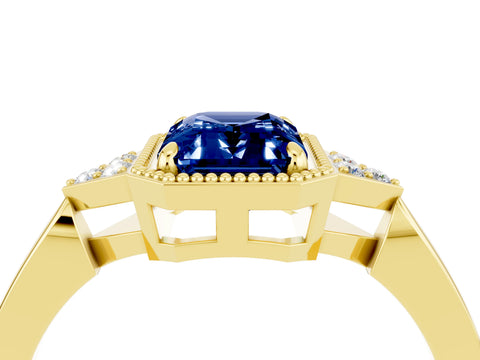 Yellow gold Emerald Cut Blue Sapphire Halo Ring with Tapered Band and Four-Prong Setting_4