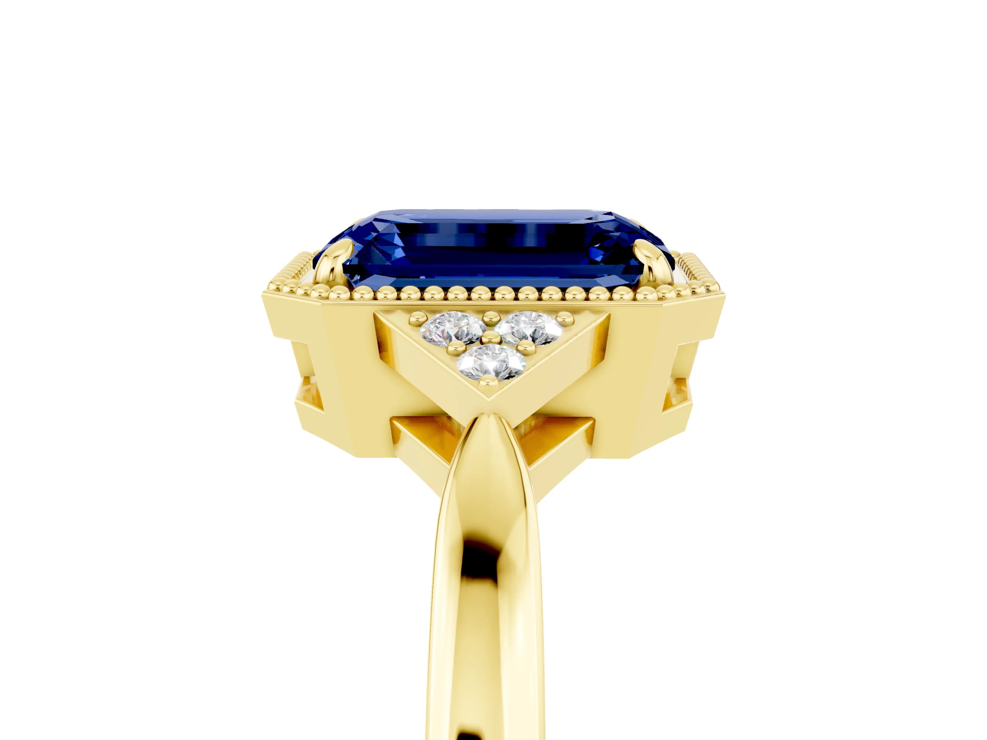 Yellow gold Emerald Cut Blue Sapphire Halo Ring with Tapered Band and Four-Prong Setting_5