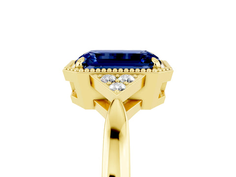 Yellow gold Emerald Cut Blue Sapphire Halo Ring with Tapered Band and Four-Prong Setting_5
