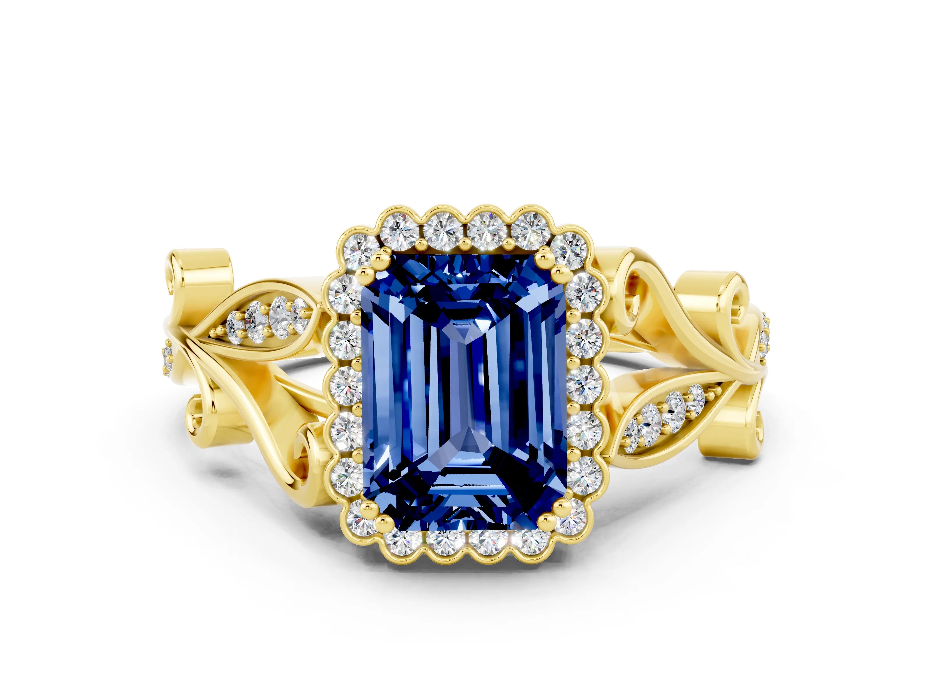 Yellow gold Emerald Cut Blue Sapphire Halo Ring with Vintage Split Shank and Four-Prong Setting