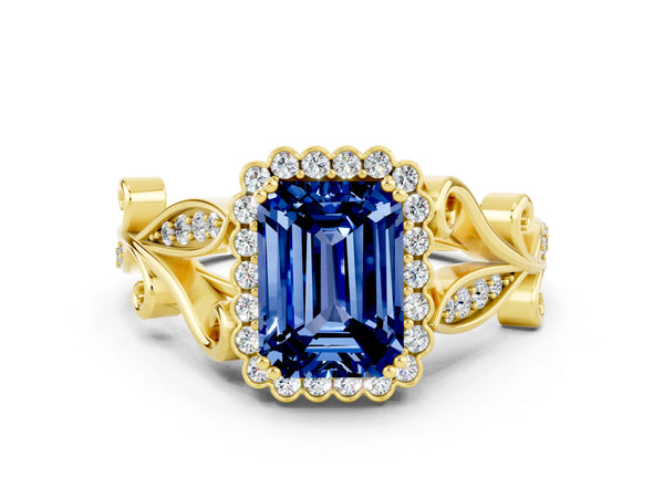 Yellow gold Emerald Cut Blue Sapphire Halo Ring with Vintage Split Shank and Four-Prong Setting