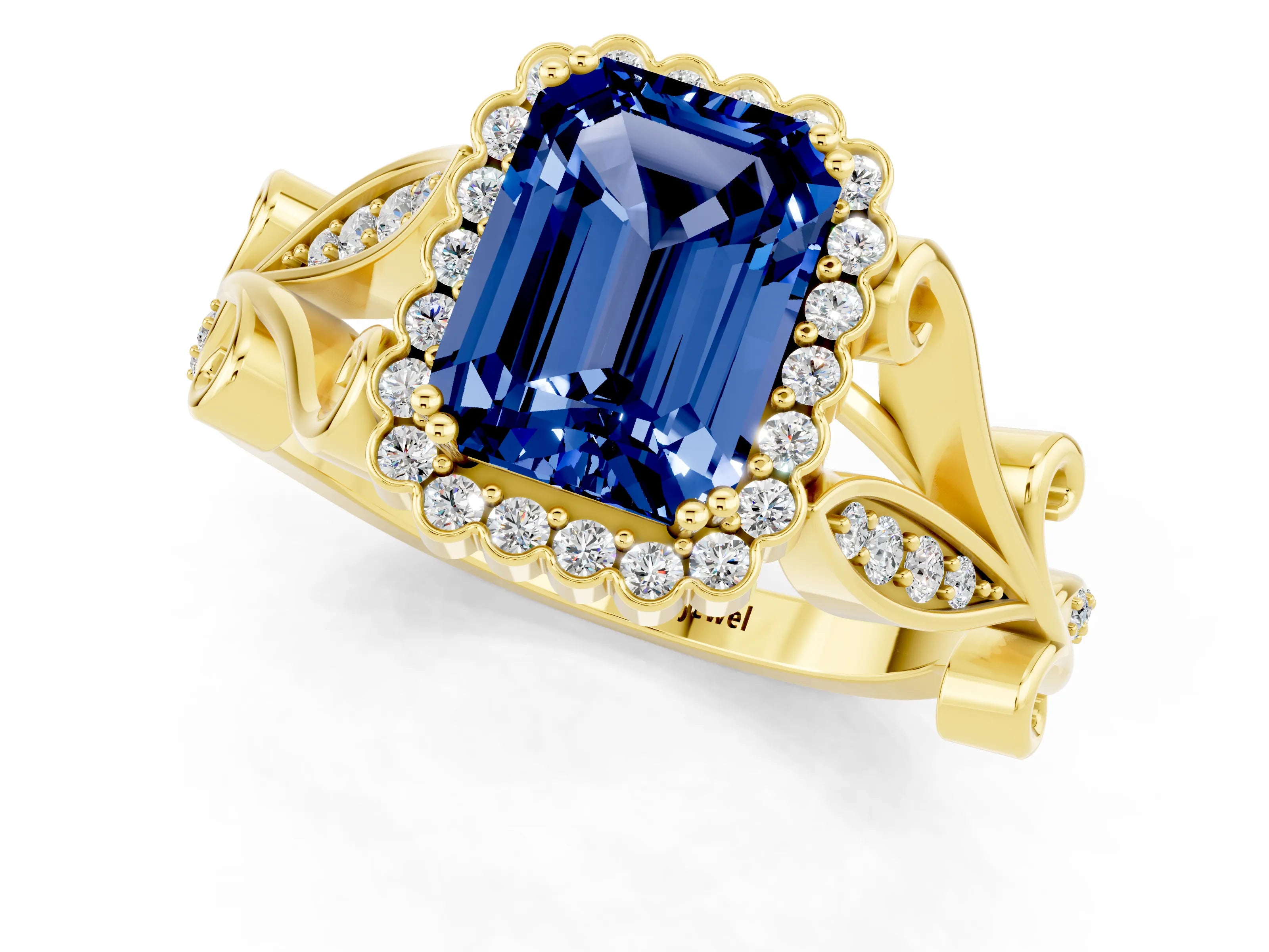 Yellow gold Emerald Cut Blue Sapphire Halo Ring with Vintage Split Shank and Four-Prong Setting_1