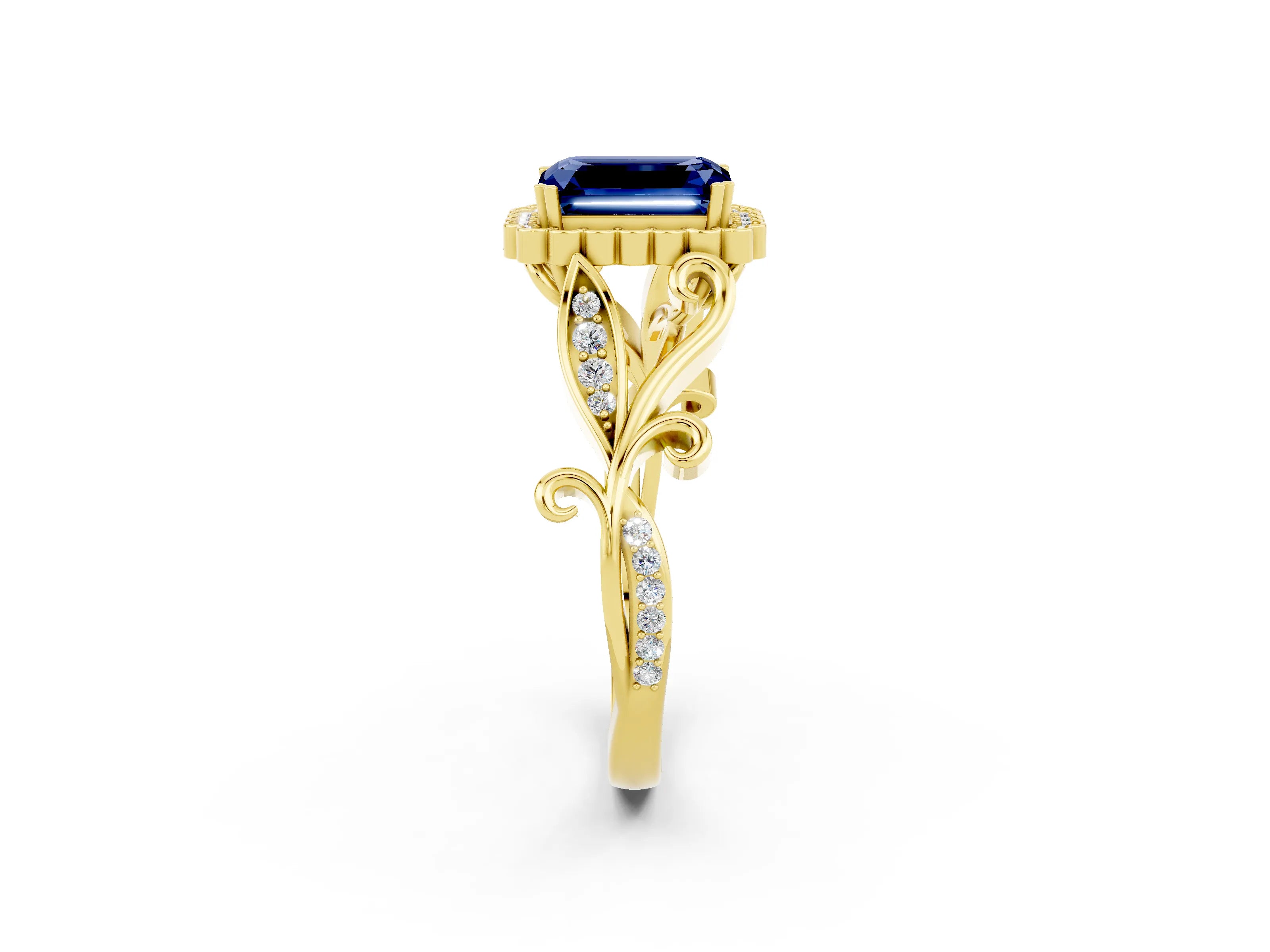 Yellow gold Emerald Cut Blue Sapphire Halo Ring with Vintage Split Shank and Four-Prong Setting_2