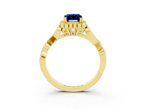 Yellow gold Emerald Cut Blue Sapphire Halo Ring with Vintage Split Shank and Four-Prong Setting_3
