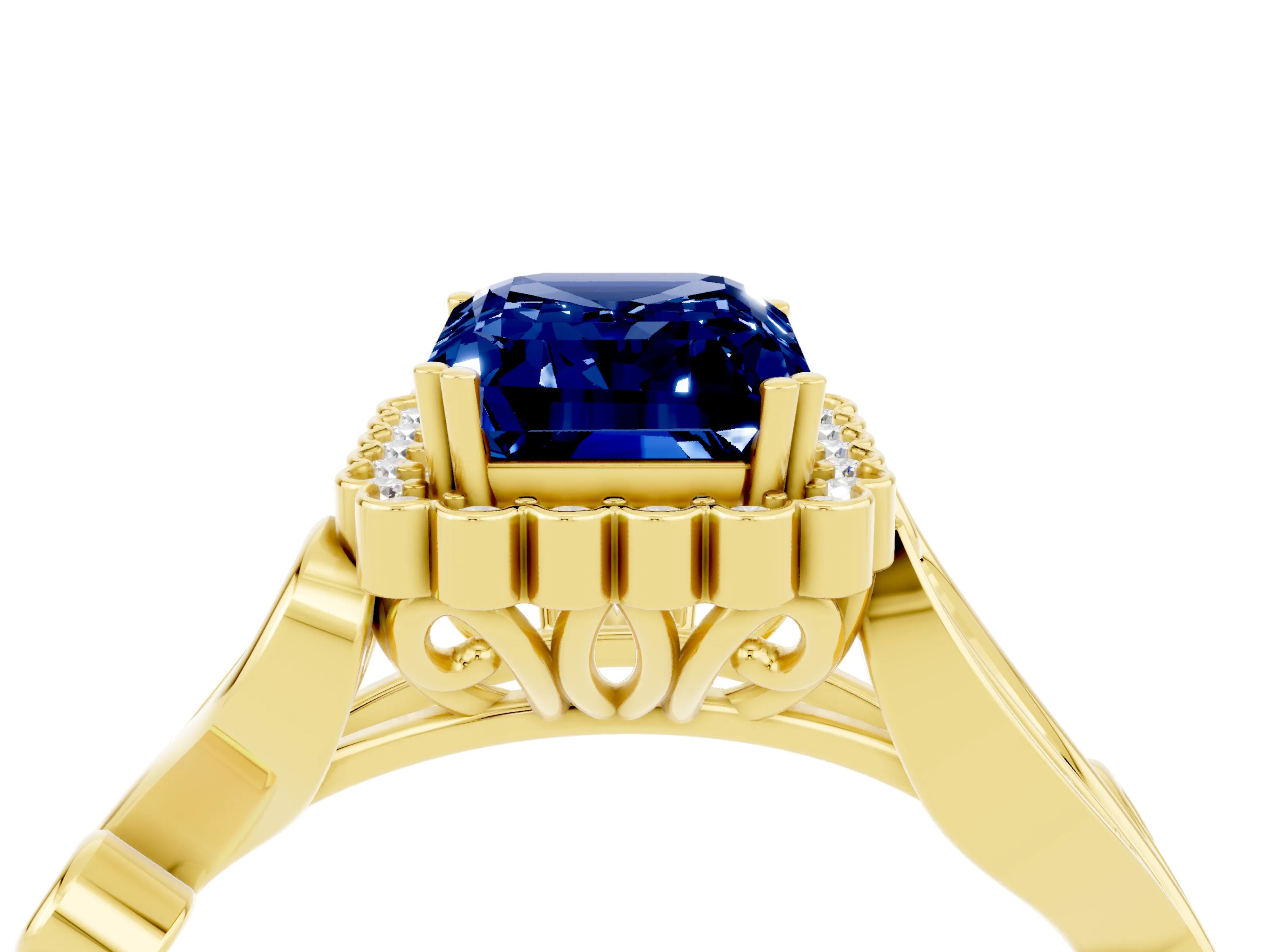 Yellow gold Emerald Cut Blue Sapphire Halo Ring with Vintage Split Shank and Four-Prong Setting_4
