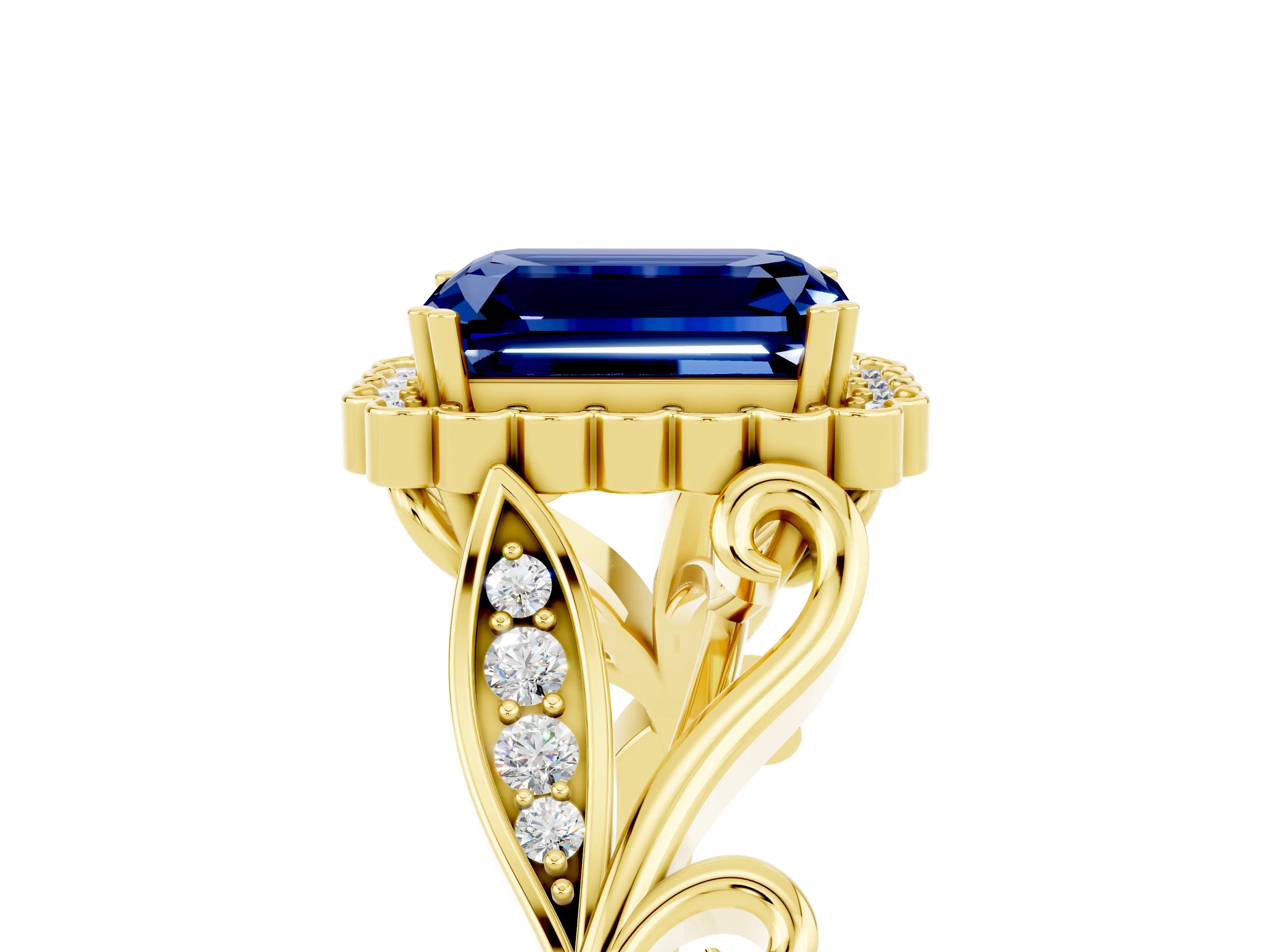 Yellow gold Emerald Cut Blue Sapphire Halo Ring with Vintage Split Shank and Four-Prong Setting_5