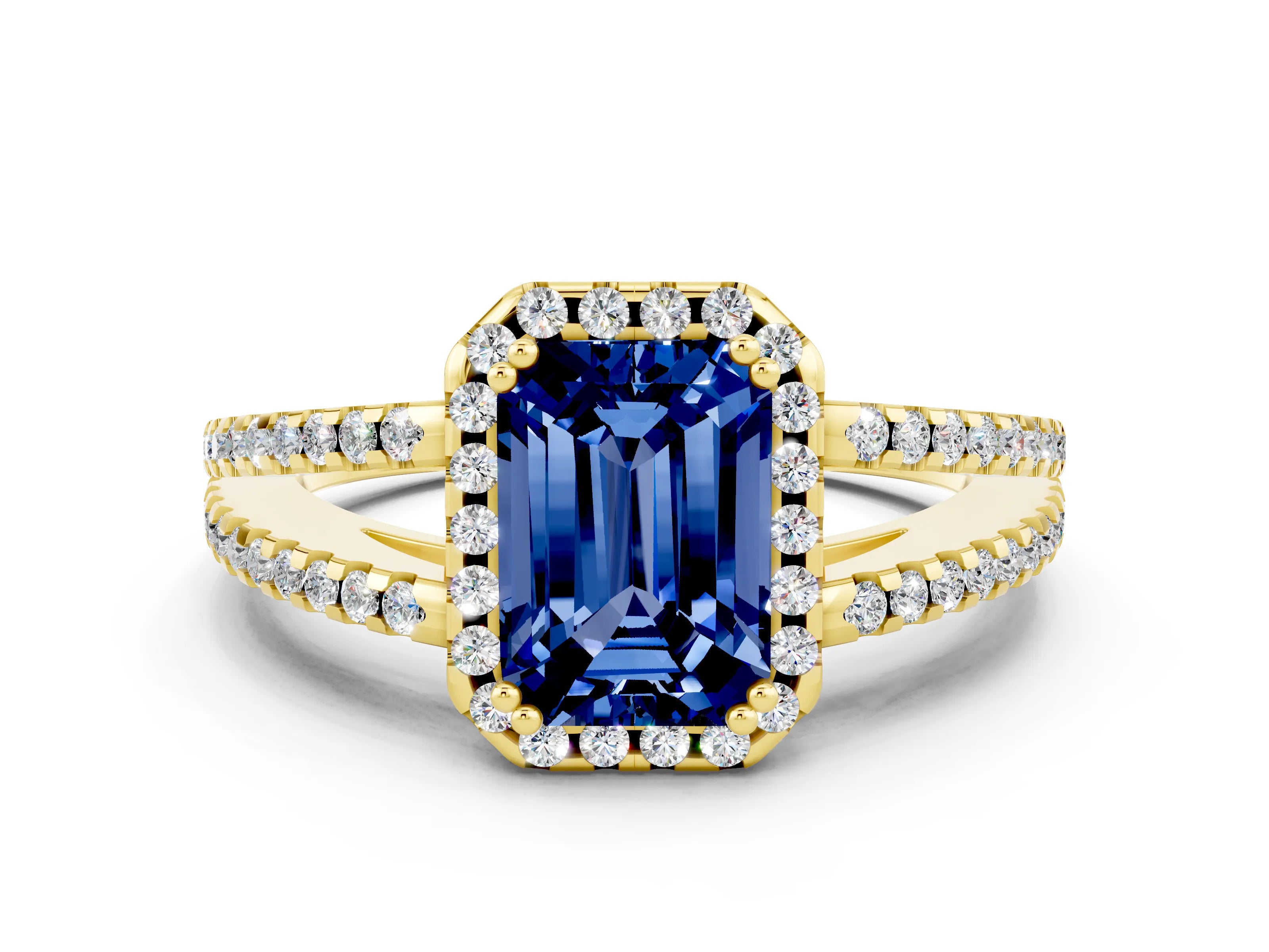 Yellow gold Emerald Cut Blue Sapphire Halo Split Shank Engagement Ring_12