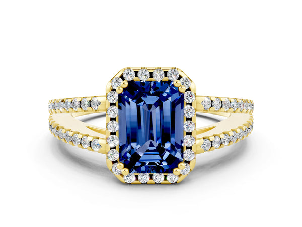 Yellow gold Emerald Cut Blue Sapphire Halo Split Shank Engagement Ring
