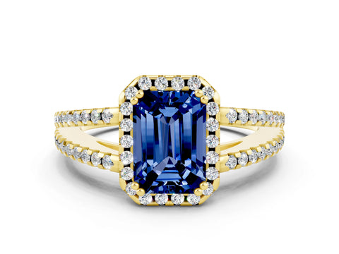 Yellow gold Emerald Cut Blue Sapphire Halo Split Shank Engagement Ring_12