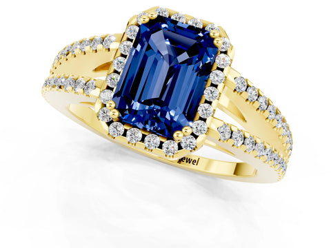 Yellow gold Emerald Cut Blue Sapphire Halo Split Shank Engagement Ring_13