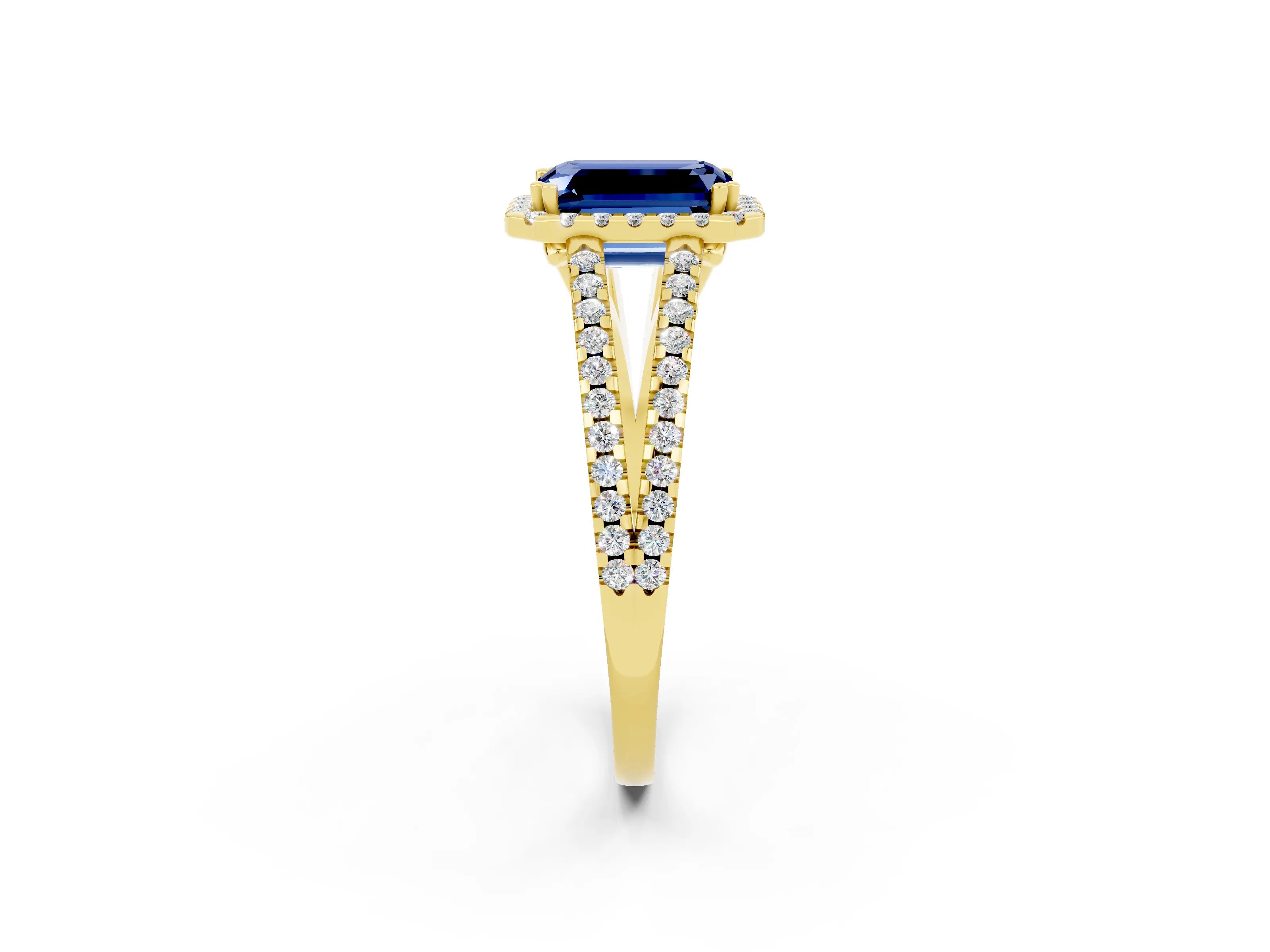 Yellow gold Emerald Cut Blue Sapphire Halo Split Shank Engagement Ring_14