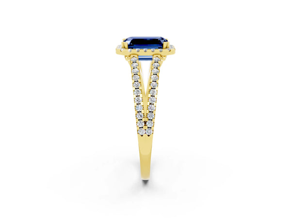 Yellow gold Emerald Cut Blue Sapphire Halo Split Shank Engagement Ring
