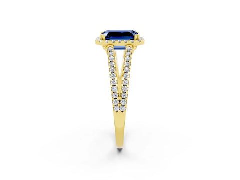 Yellow gold Emerald Cut Blue Sapphire Halo Split Shank Engagement Ring_14