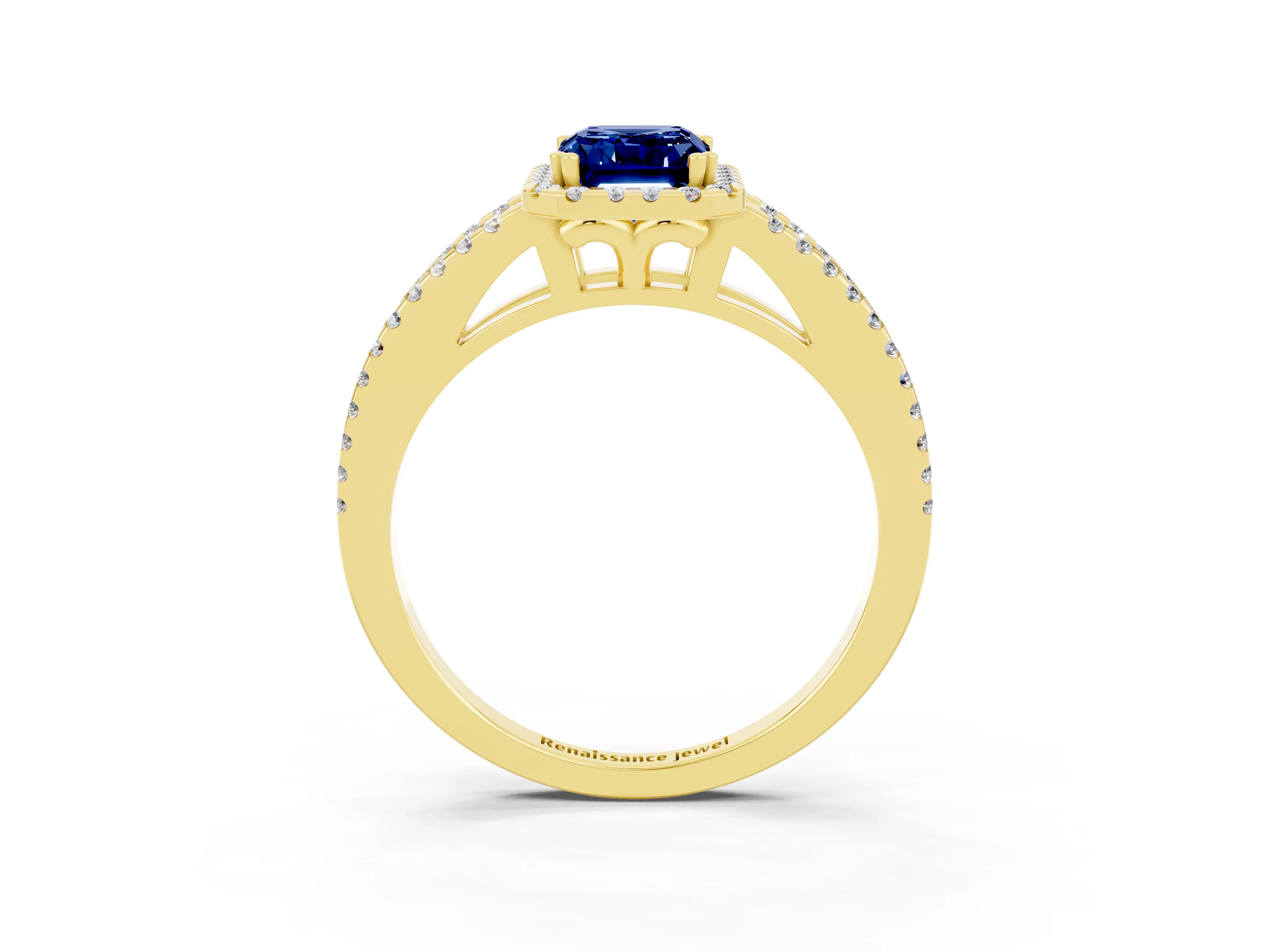 Yellow gold Emerald Cut Blue Sapphire Halo Split Shank Engagement Ring_15