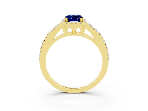 Yellow gold Emerald Cut Blue Sapphire Halo Split Shank Engagement Ring