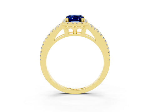 Yellow gold Emerald Cut Blue Sapphire Halo Split Shank Engagement Ring_15